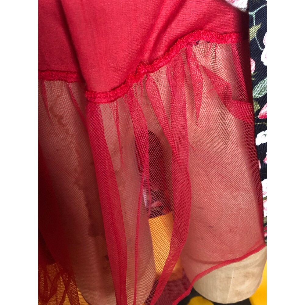 1990s ANNA SUI STRAWBERRY Roses Print Dress W/Red Tulle Underlay & Bow Back. M-L - Picture 10 of 10